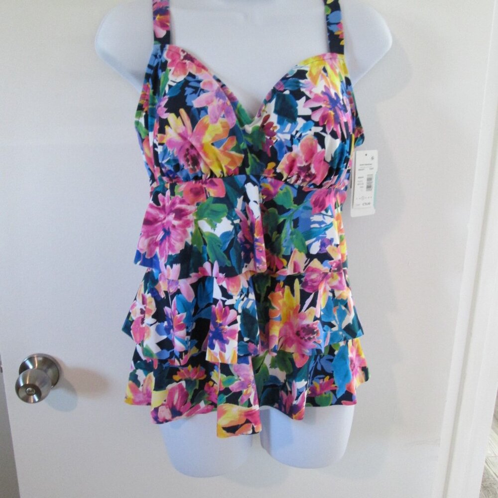 Swim Solutions Garden Swan Triple-Tiered Tankini NWT Sz 12 - Picture 4 of 11